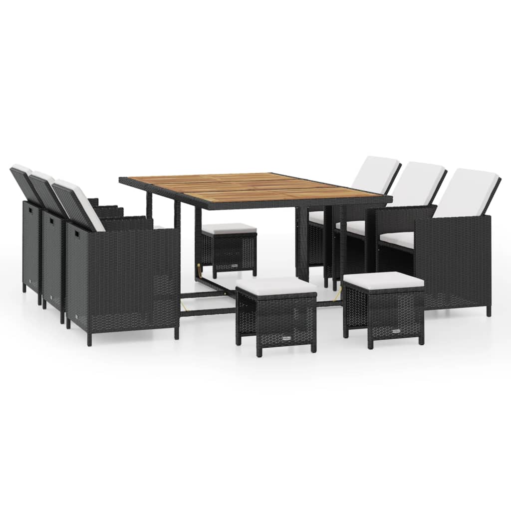 11-tlg. Garten-Essgruppe Poly Rattan Akazienholz Schwarz