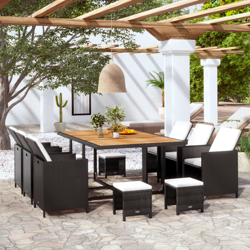 11-tlg. Garten-Essgruppe Poly Rattan Akazienholz Schwarz