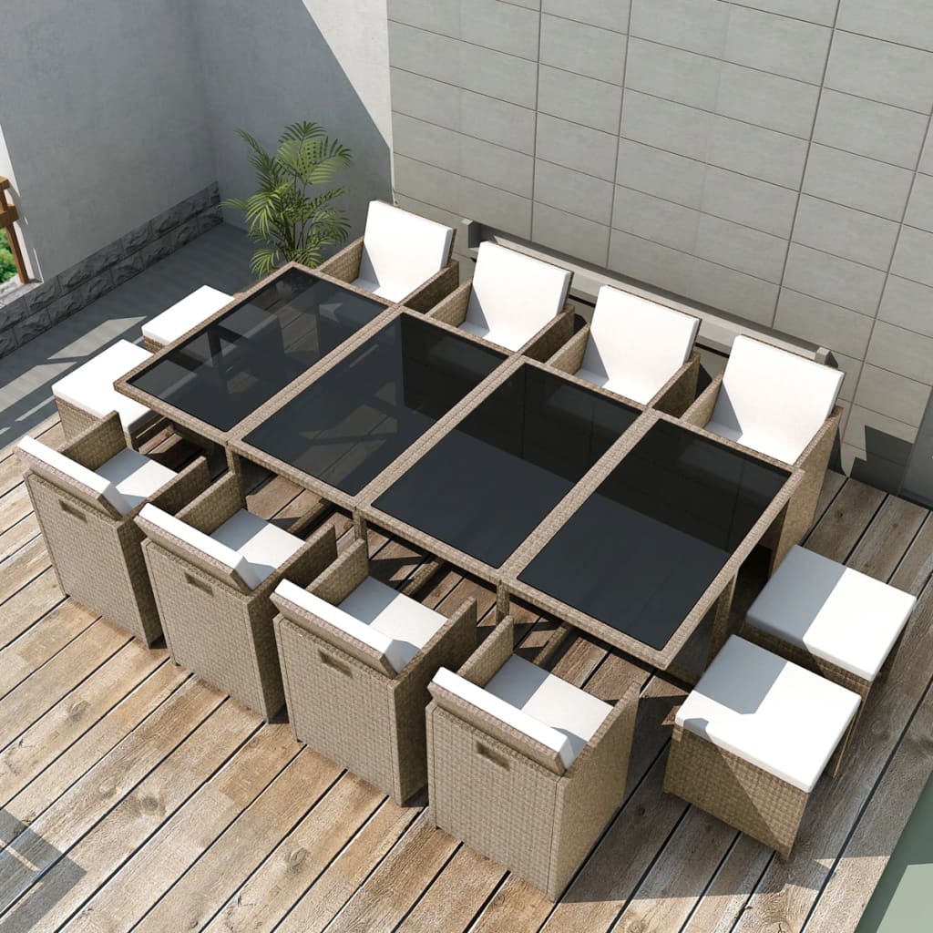 13-tlg. Garten-Essgruppe mit Auflagen Poly Rattan Beige