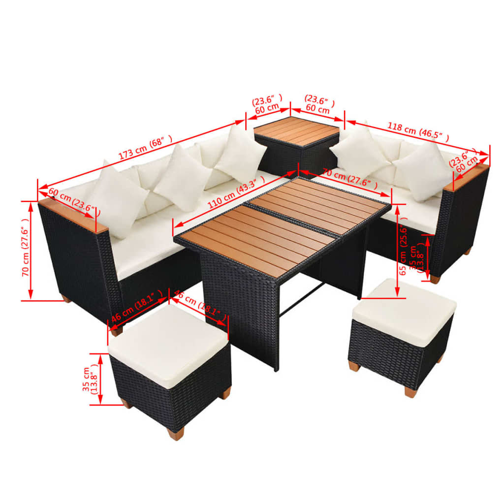 7-tlg. Garten-Lounge-Set mit Auflagen Poly Rattan Schwarz
