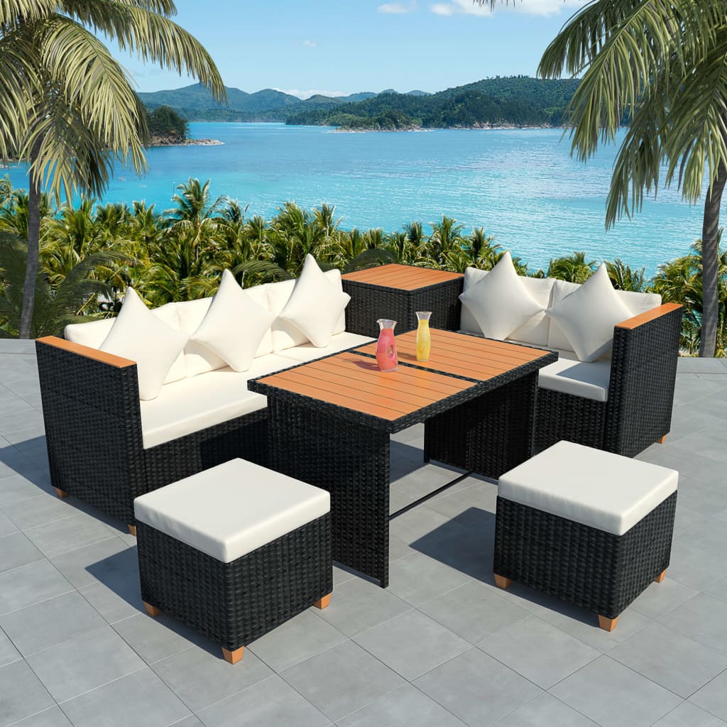 7-tlg. Garten-Lounge-Set mit Auflagen Poly Rattan Schwarz