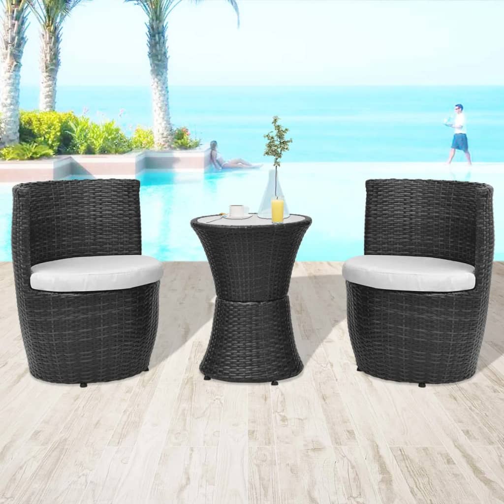 3-tlg. Bistro-Set mit Auflagen Poly Rattan Schwarz