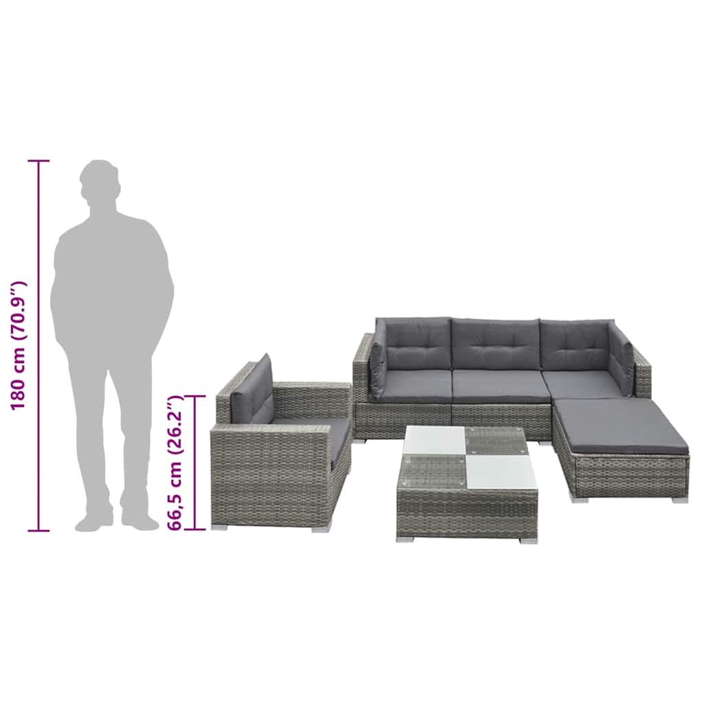 6-tlg. Garten-Lounge-Set mit Auflagen Poly Rattan Grau