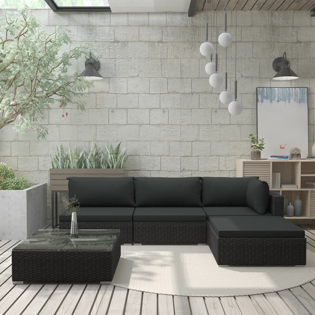 5-tlg. Garten-Lounge-Set mit Auflagen Poly Rattan Schwarz