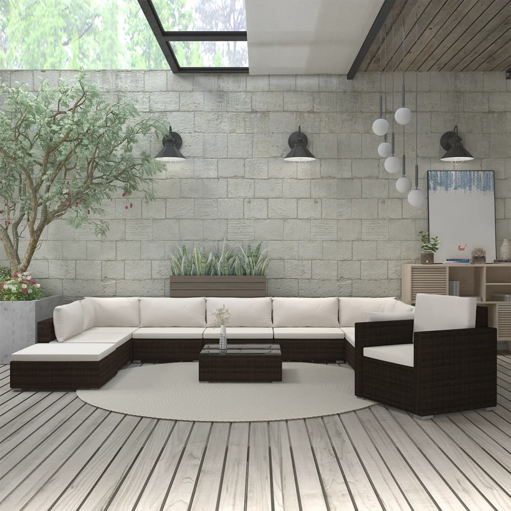 11-tlg. Garten-Lounge-Set mit Auflagen Poly Rattan
