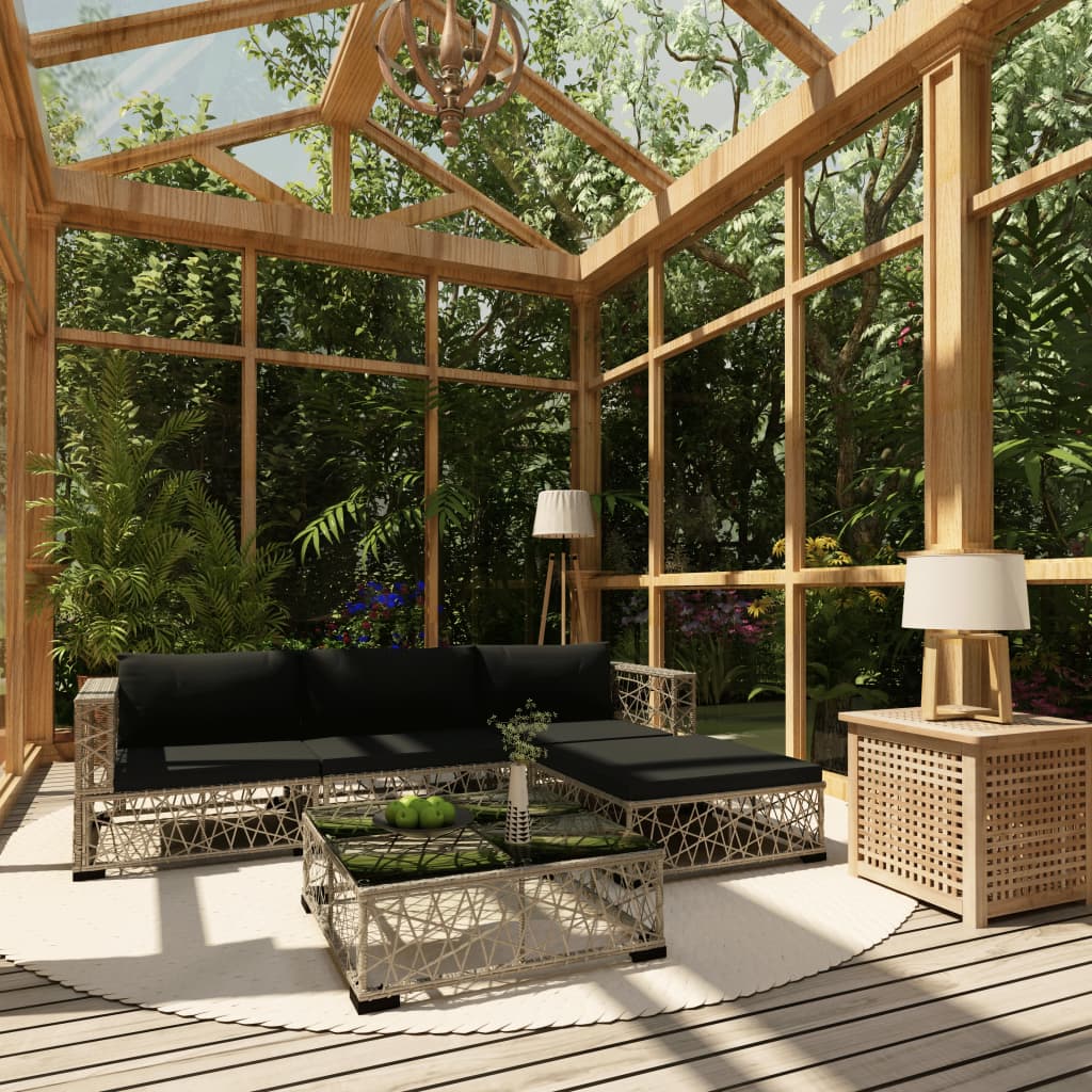 5-tlg. Garten-Lounge-Set mit Kissen Poly Rattan Grau
