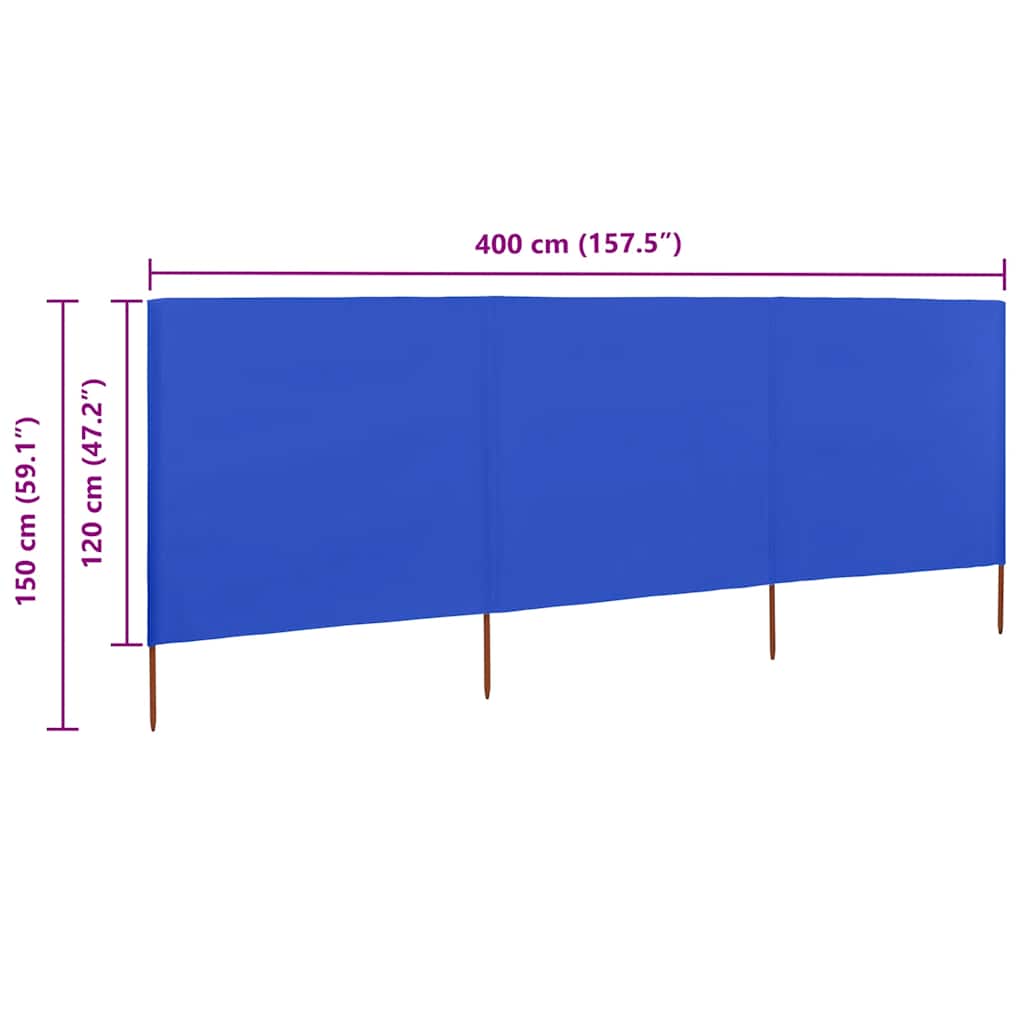 3-teiliges Windschutzgewebe 400 x 120 cm Azurblau