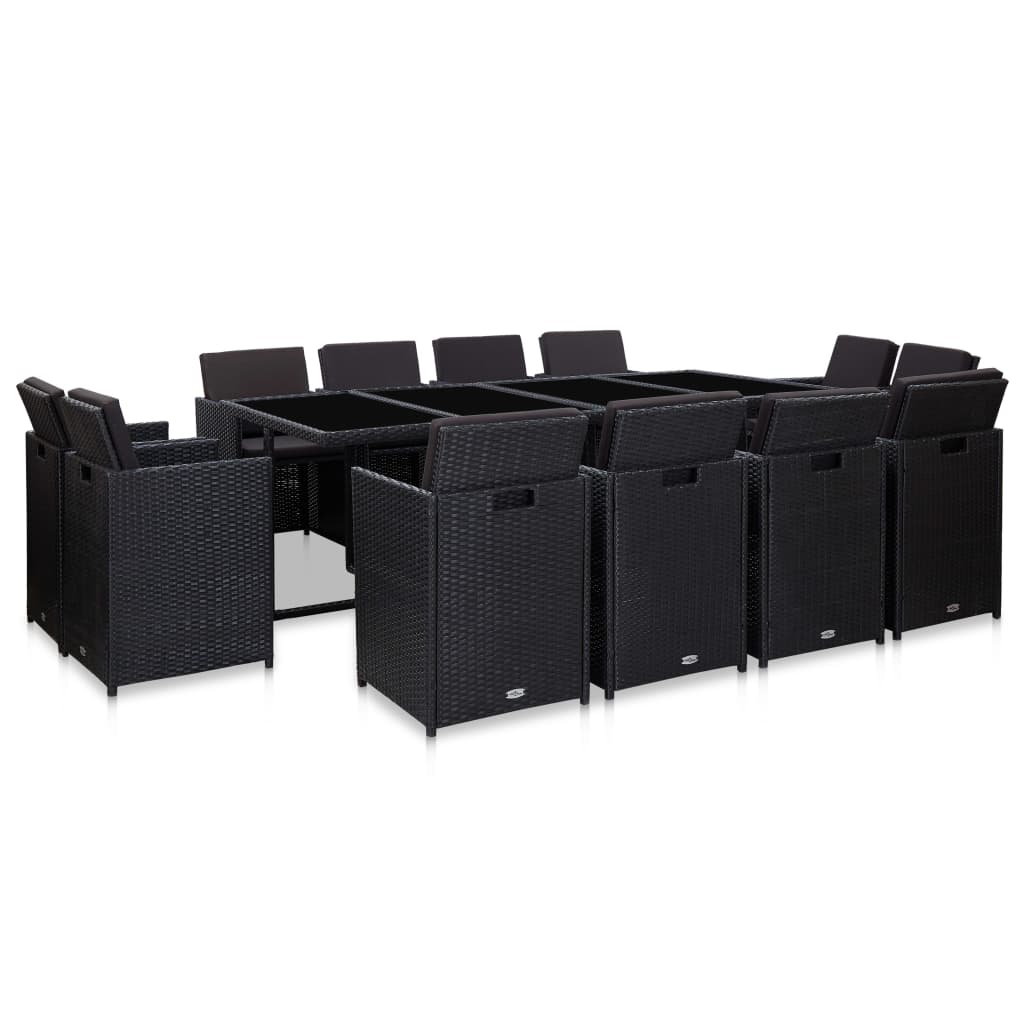 13-tlg. Garten-Essgruppe mit Auflagen Poly Rattan Schwarz