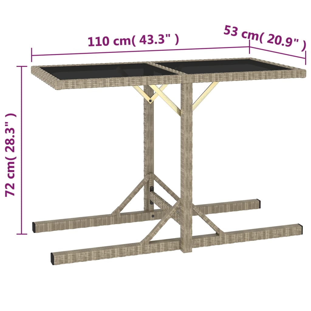 Gartentisch Beige 110×53×72 cm Glas und Poly Rattan