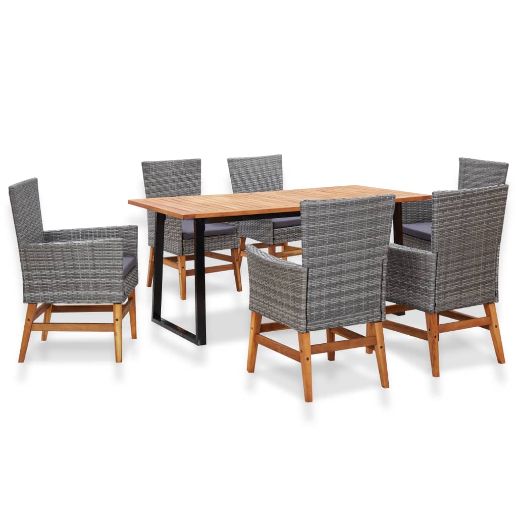 7-tlg. Garten-Essgruppe Poly Rattan und Akazienholz Grau