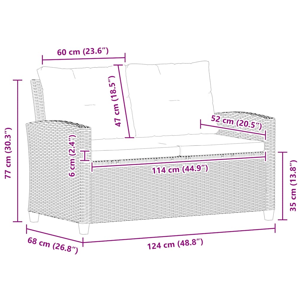 2-Sitzer-Gartensofa mit Kissen Schwarz 124 cm Poly Rattan