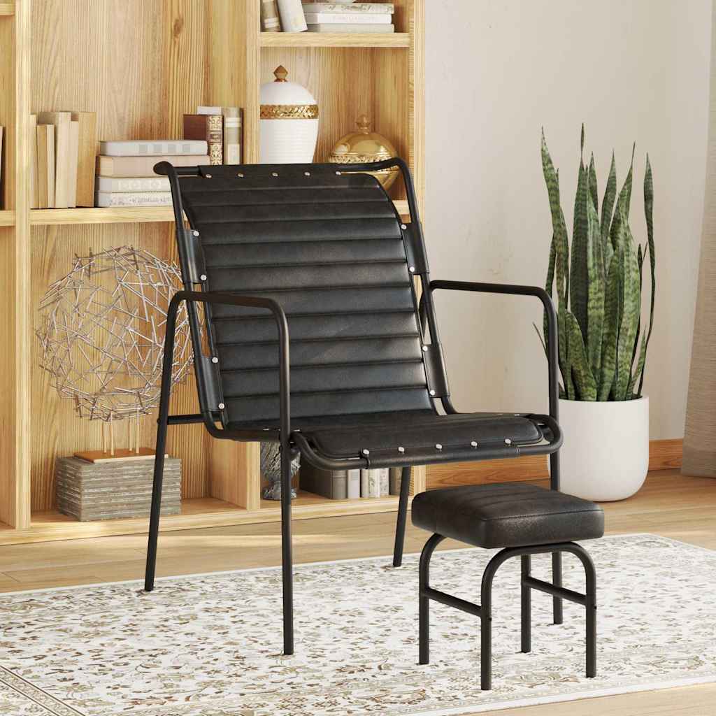 Relaxsessel mit Fußhocker Schwarz Echtleder