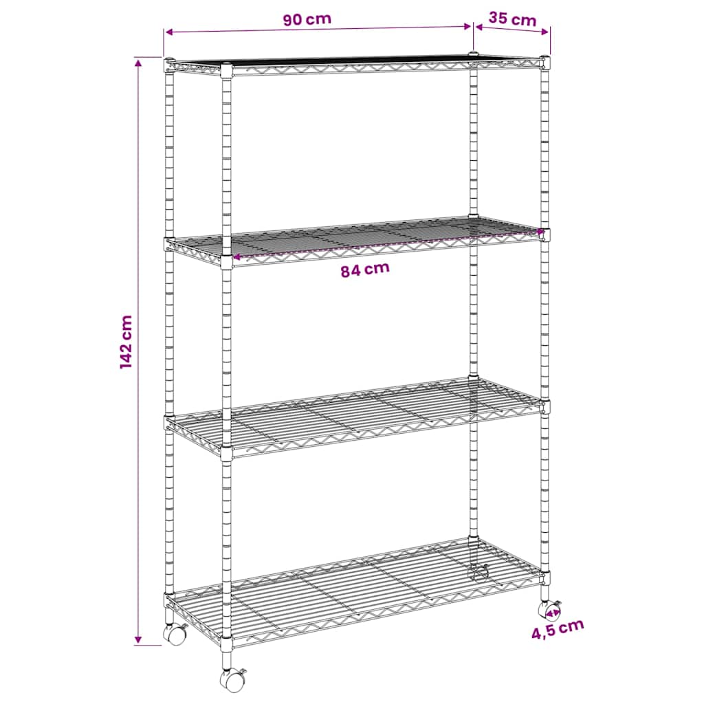 Lagerregal mit 4 Böden und Rollen 90x35x142 cm Chrome 200 kg