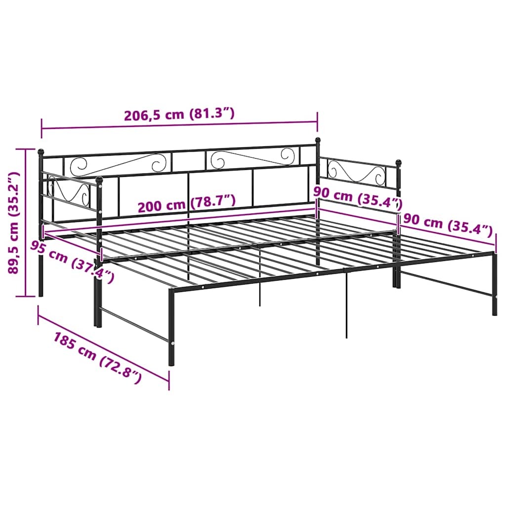 Tagesbett Ausziehbar Schwarz Metall 90x200 cm