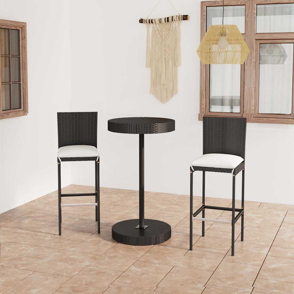 3-tlg. Gartenbar-Set mit Kissen Poly Rattan Schwarz
