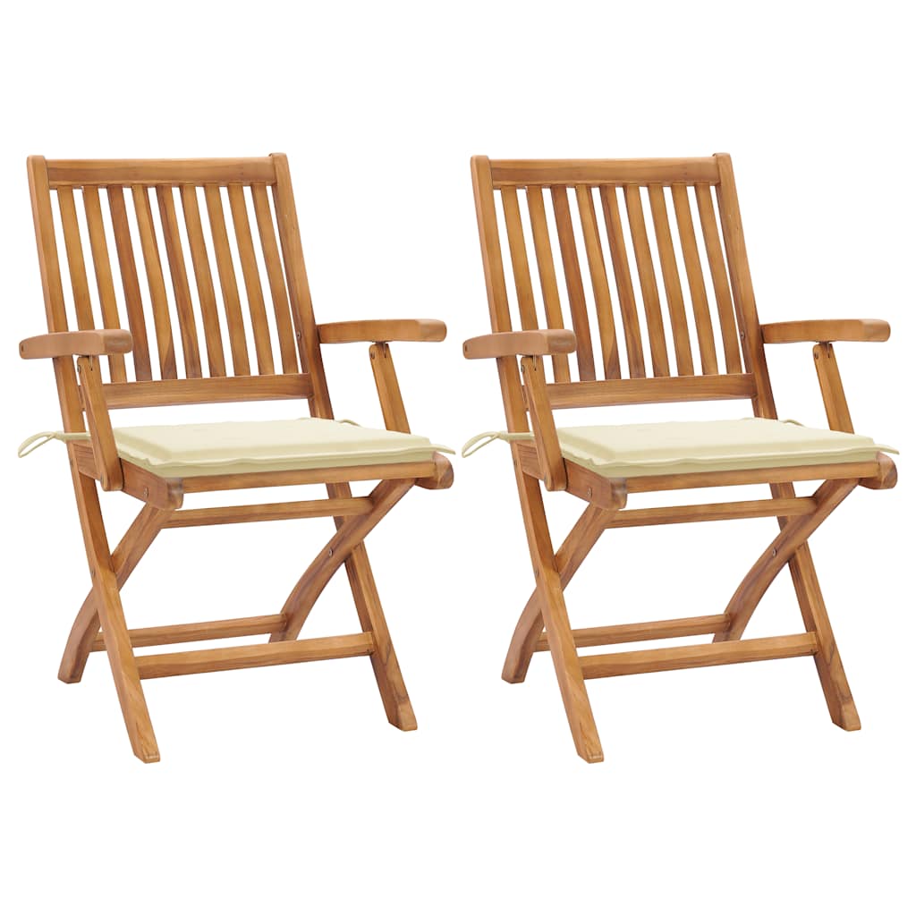 Gartenstühle 2 Stk. mit Cremeweißen Kissen Teak Massivholz