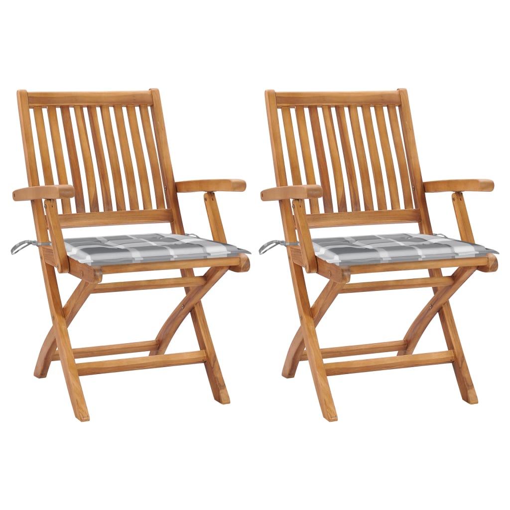 Gartenstühle 2 Stk. Graue Karomuster-Kissen Massivholz Teak