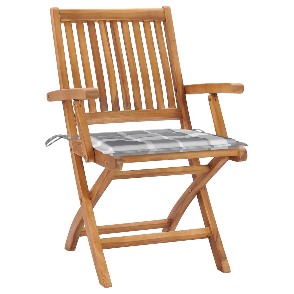 Gartenstühle 2 Stk. Graue Karomuster-Kissen Massivholz Teak