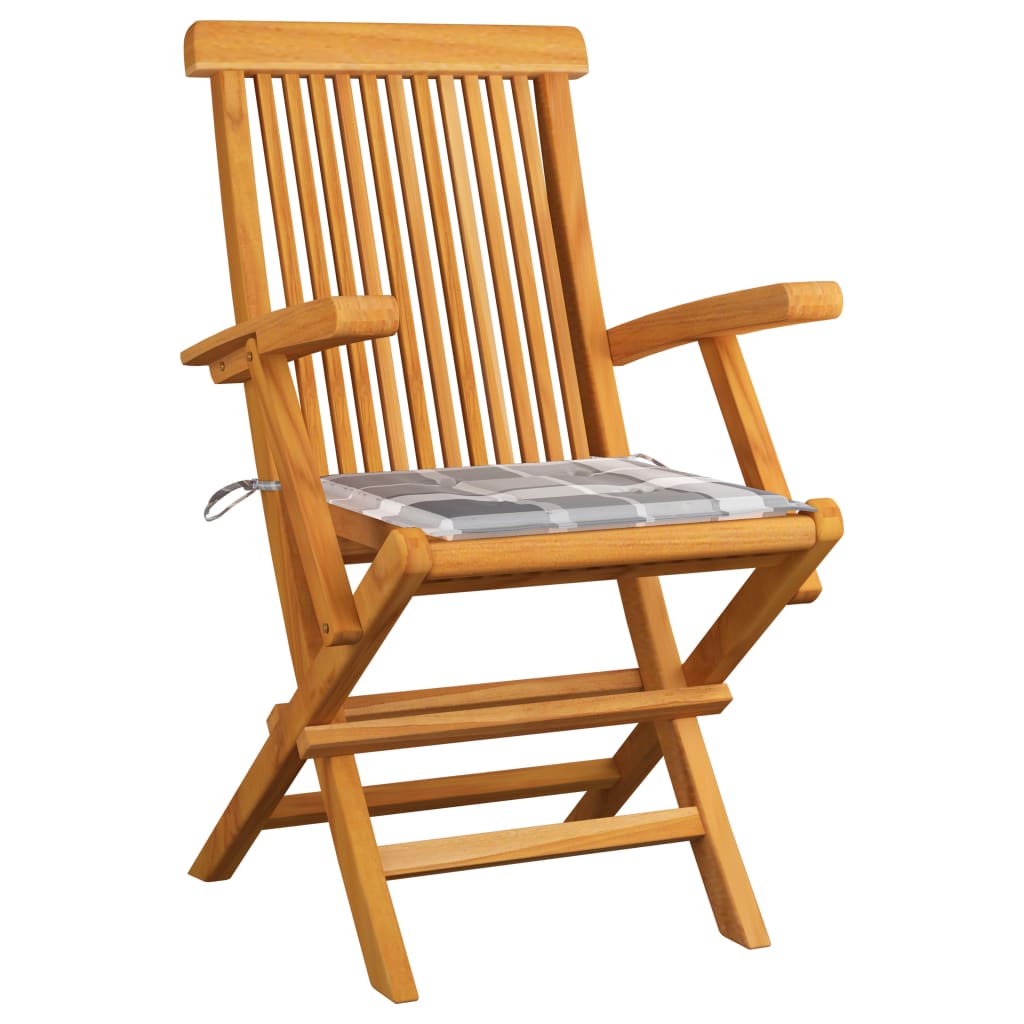 Gartenstühle Graue Karomuster-Kissen 2 Stk. Massivholz Teak