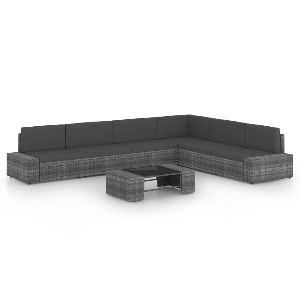 7-tlg. Garten-Lounge-Set mit Kissen Grau Poly Rattan