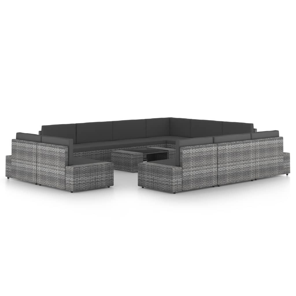 12-tlg. Garten-Lounge-Set mit Kissen Grau Poly Rattan