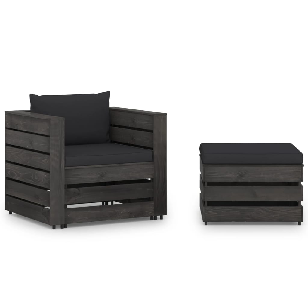 2-tlg. Garten-Lounge-Set mit Kissen Grau Imprägniertes Holz