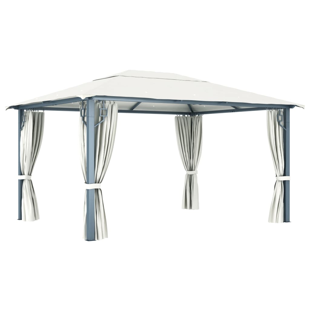 Pavillon mit Vorhängen & LED-Lichterkette 400x300 cm Creme Alu