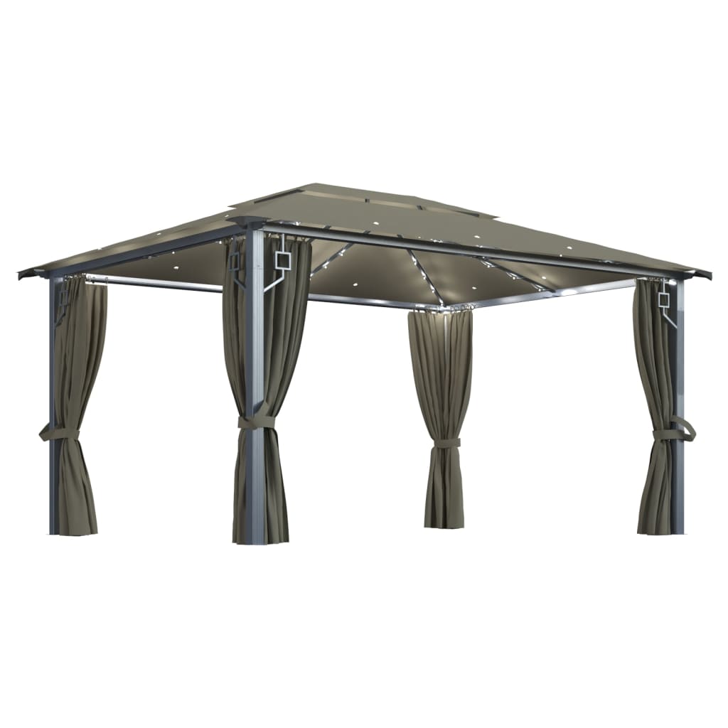 Pavillon mit Vorhängen & LED-Lichterkette 400x300 cm Taupe Alu