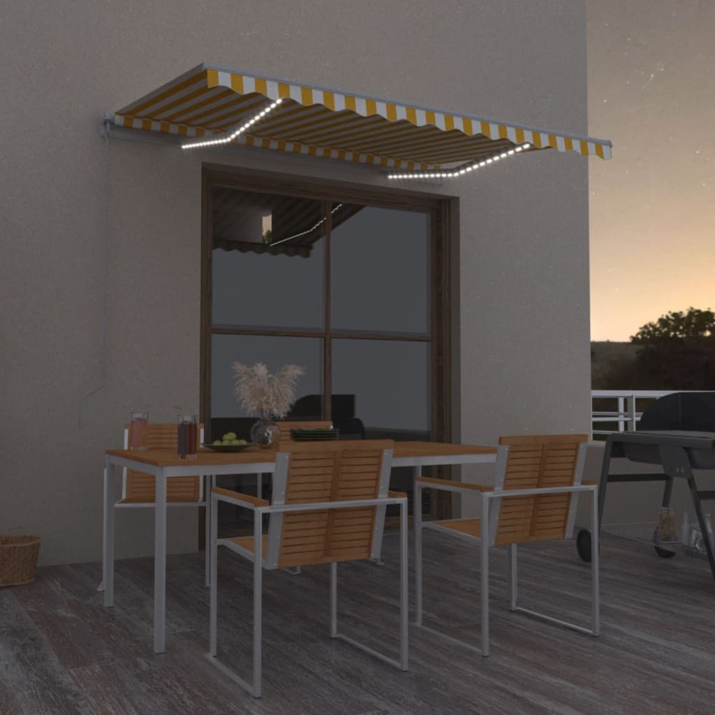 Markise Manuell Einziehbar mit LED 350x250 cm Gelb und Weiß