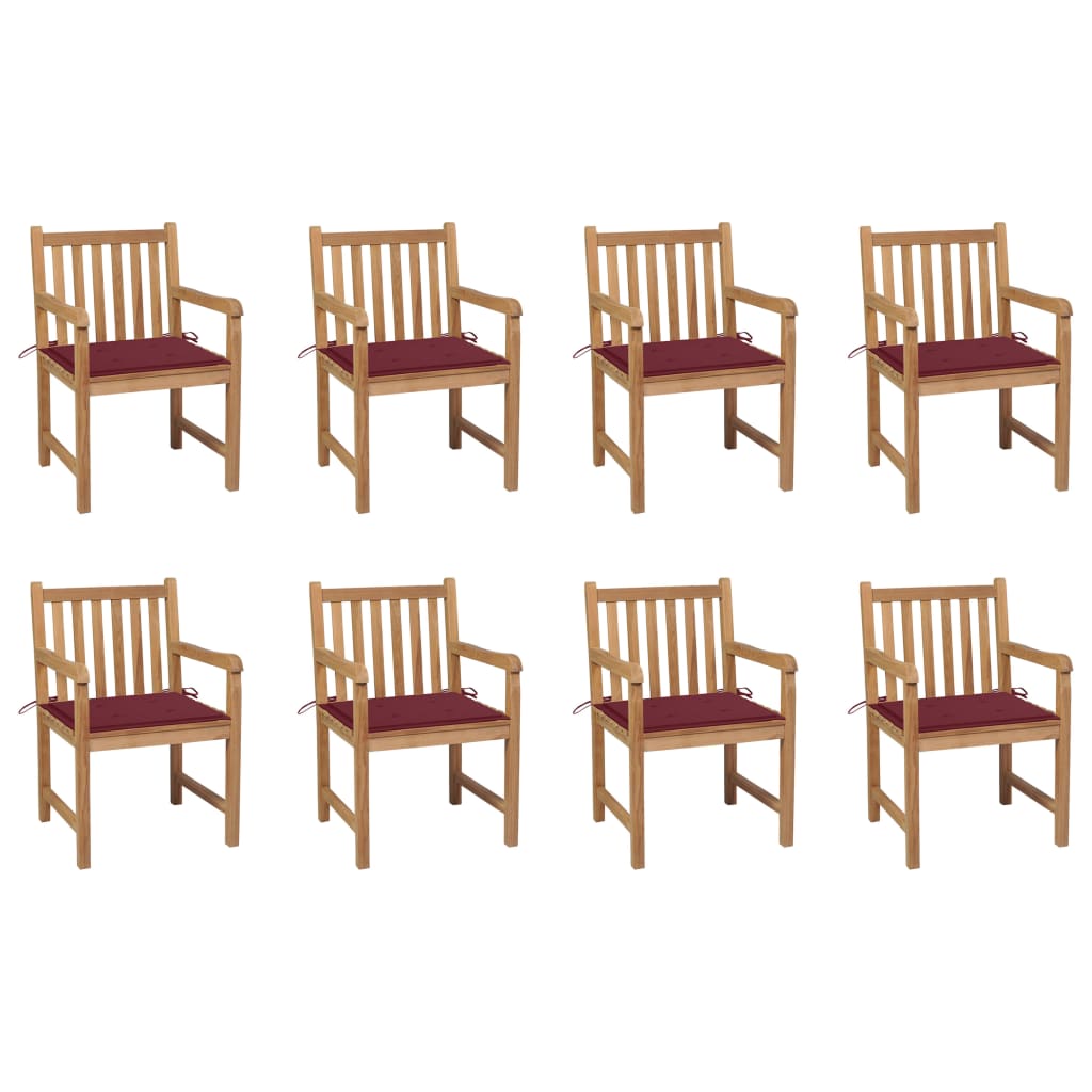 Gartenstühle 8 Stk. mit Weinroten Kissen Massivholz Teak