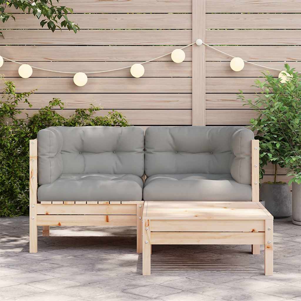 3-tlg. Garten-Lounge-Set mit Grauen Kissen Kiefer Massivholz