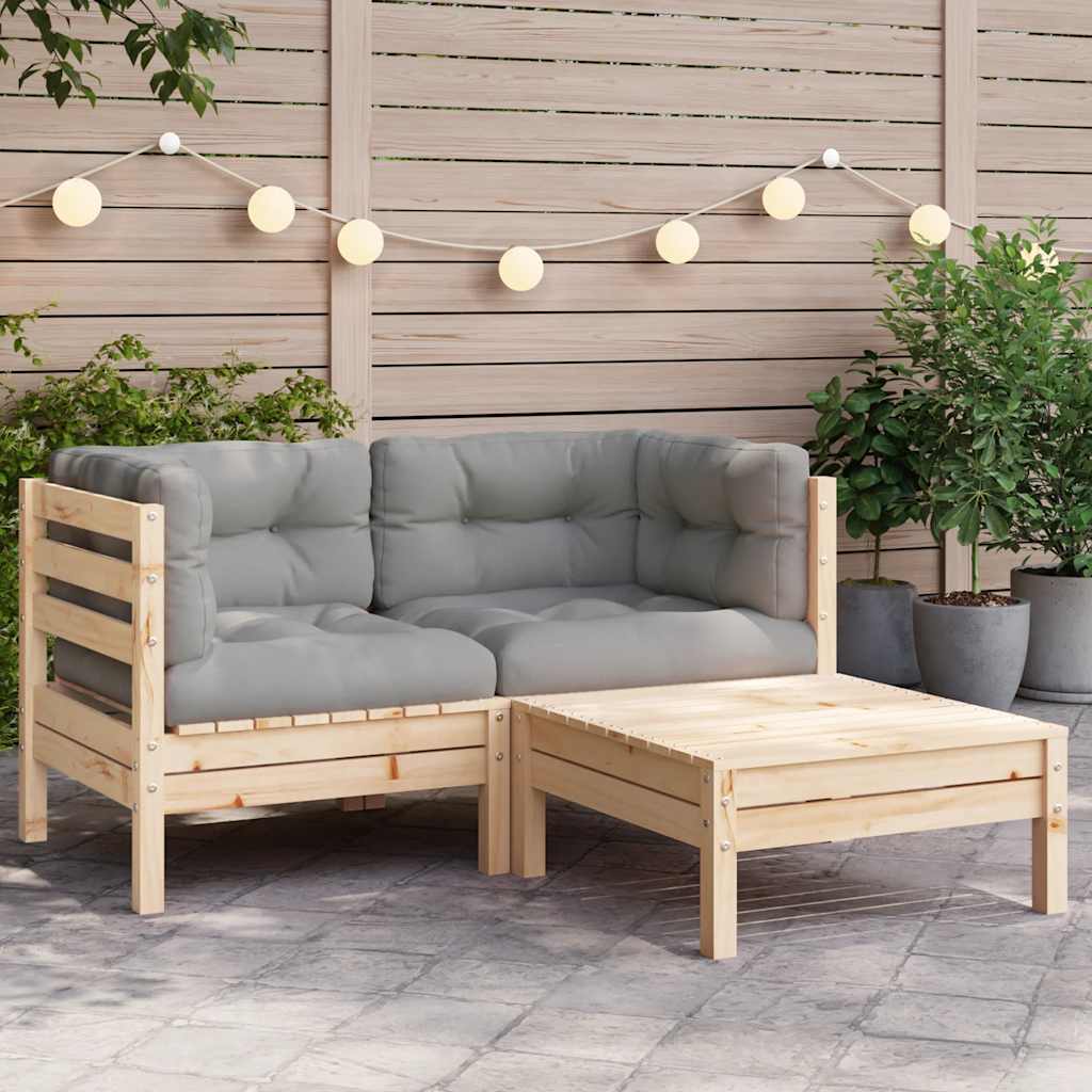 3-tlg. Garten-Lounge-Set mit Grauen Kissen Kiefer Massivholz