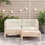 3-tlg. Garten-Lounge-Set mit Kissen in Creme Massivholz Kiefer