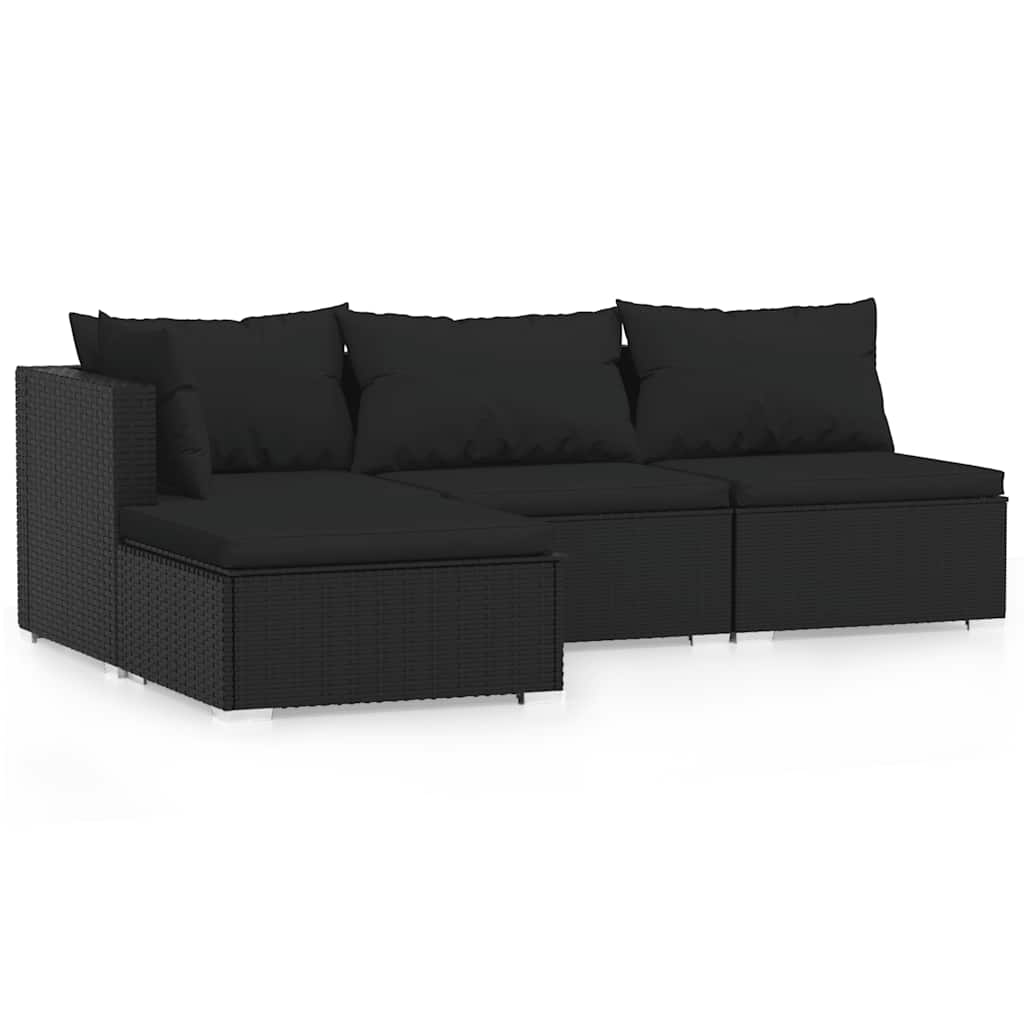 4-tlg. Garten-Lounge-Set mit Auflagen Schwarz Poly Rattan