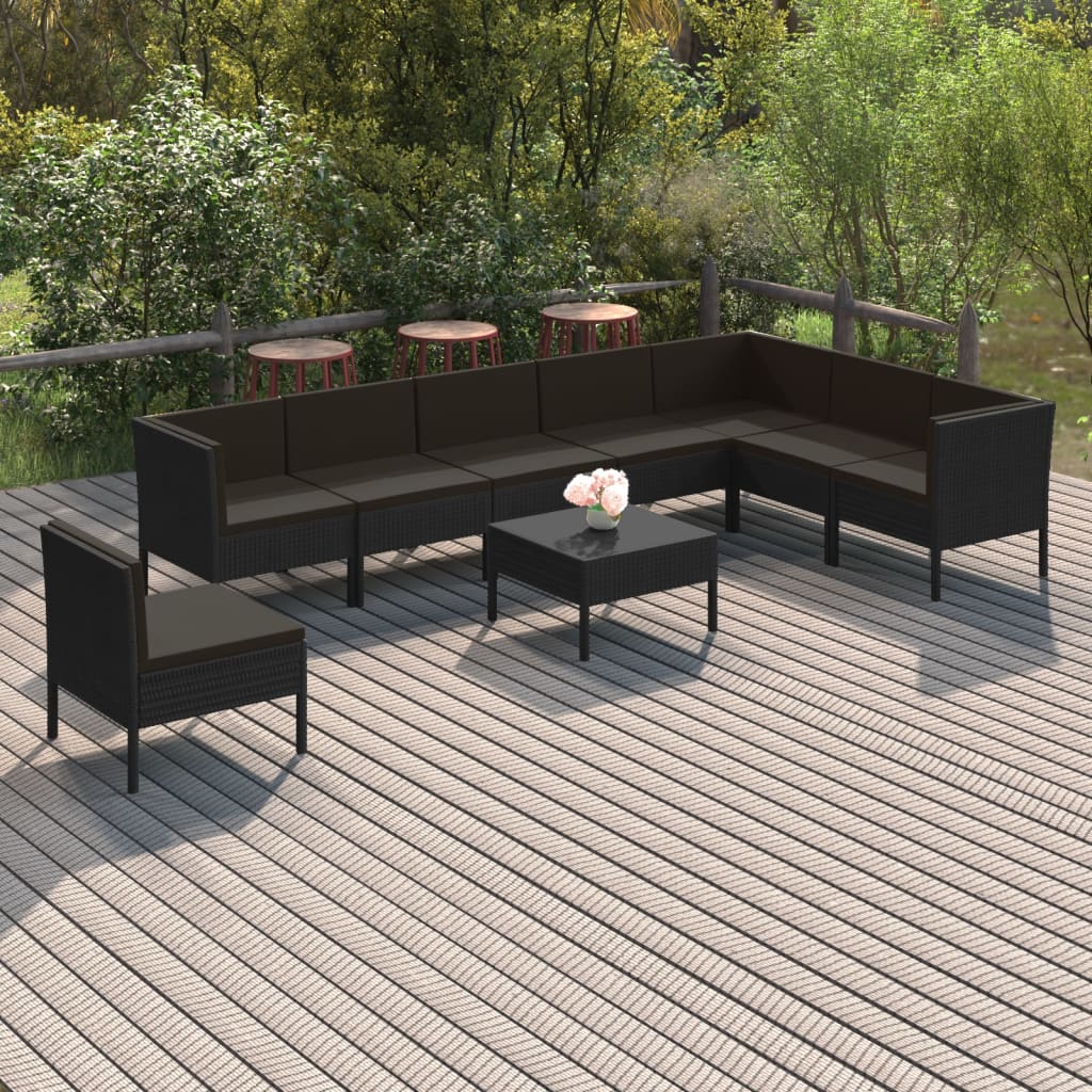 9-tlg. Garten-Lounge-Set mit Auflagen Poly Rattan Schwarz