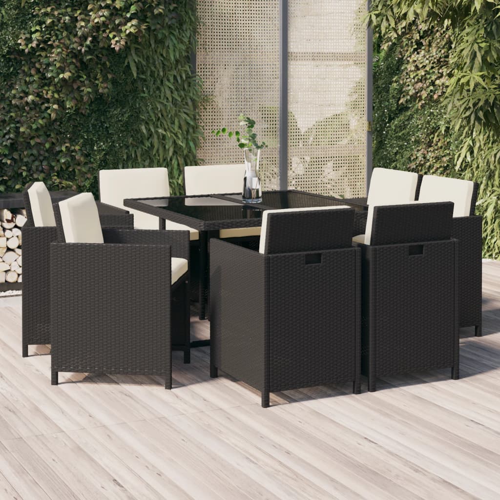 9-tlg. Garten-Essgruppe mit Auflagen Poly Rattan Schwarz