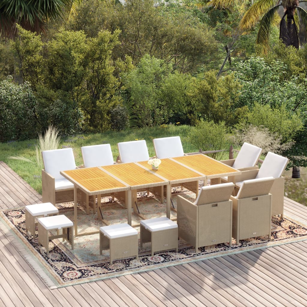13-tlg. Garten-Essgruppe mit Kissen Poly Rattan Beige