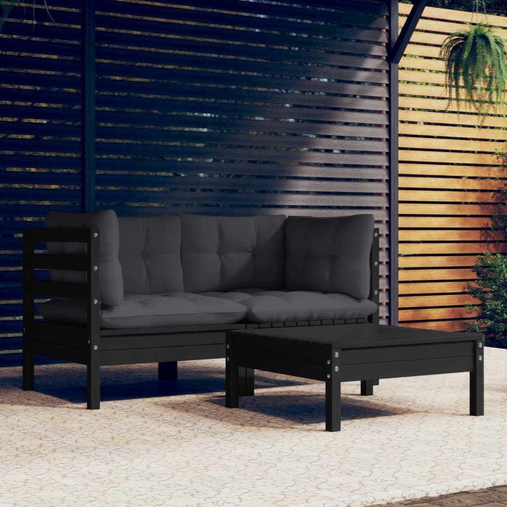 3-tlg. Garten-Lounge-Set mit Anthrazit Kissen Kiefernholz