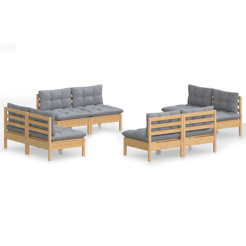 8-tlg. Garten-Lounge-Set mit Grauen Kissen Kiefernholz