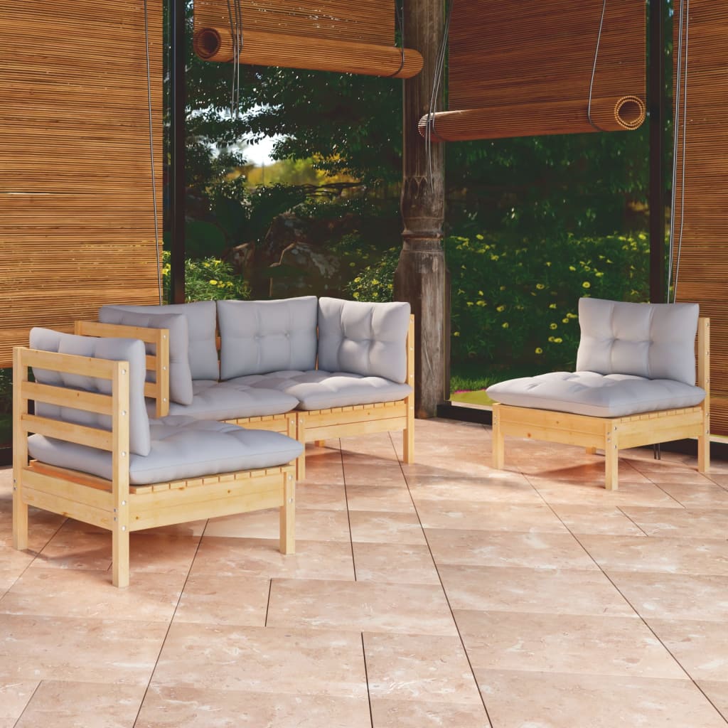 4-tlg. Garten-Lounge-Set mit Grauen Kissen Kiefer Massivholz