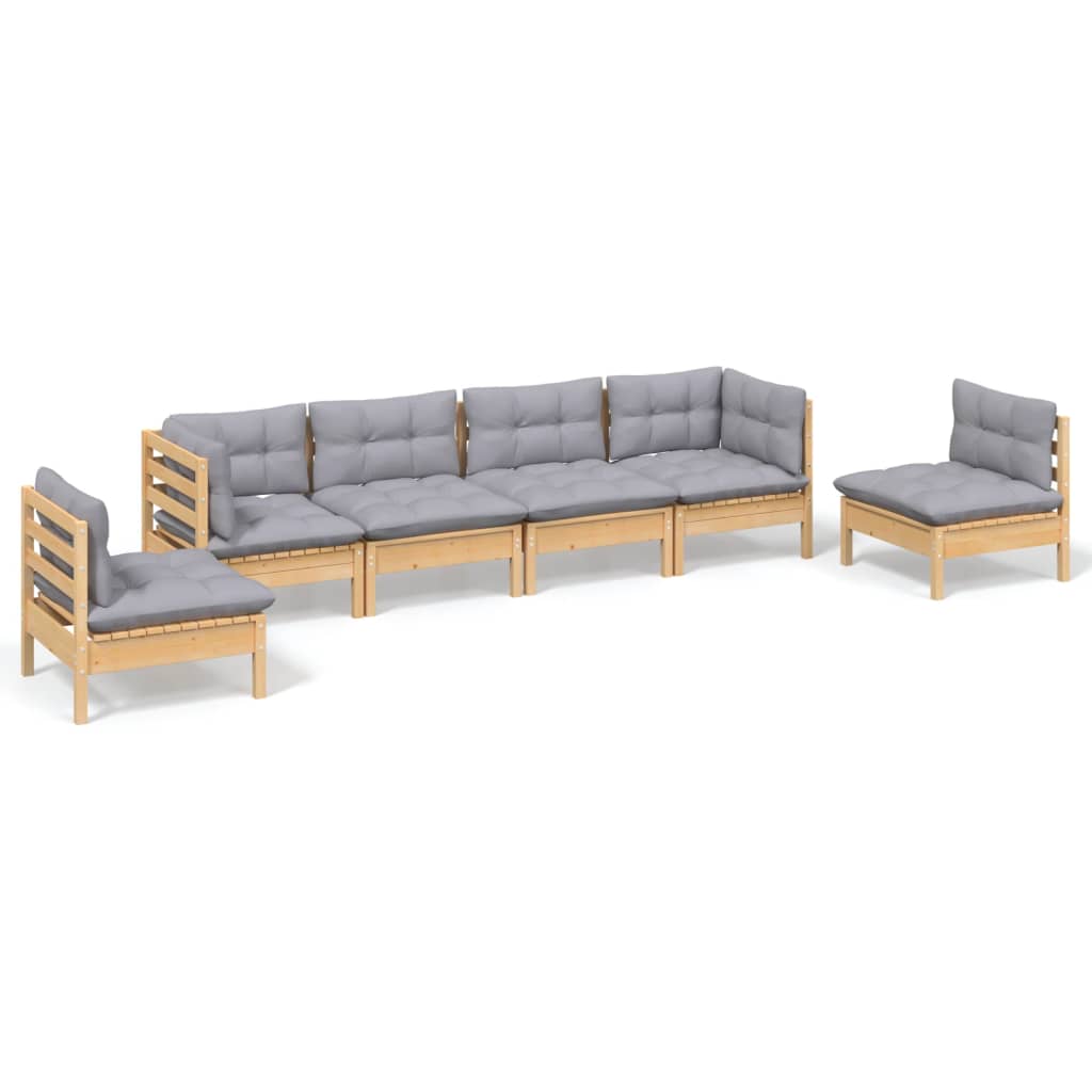 6-tlg. Garten-Lounge-Set mit Grauen Kissen Kiefer Massivholz