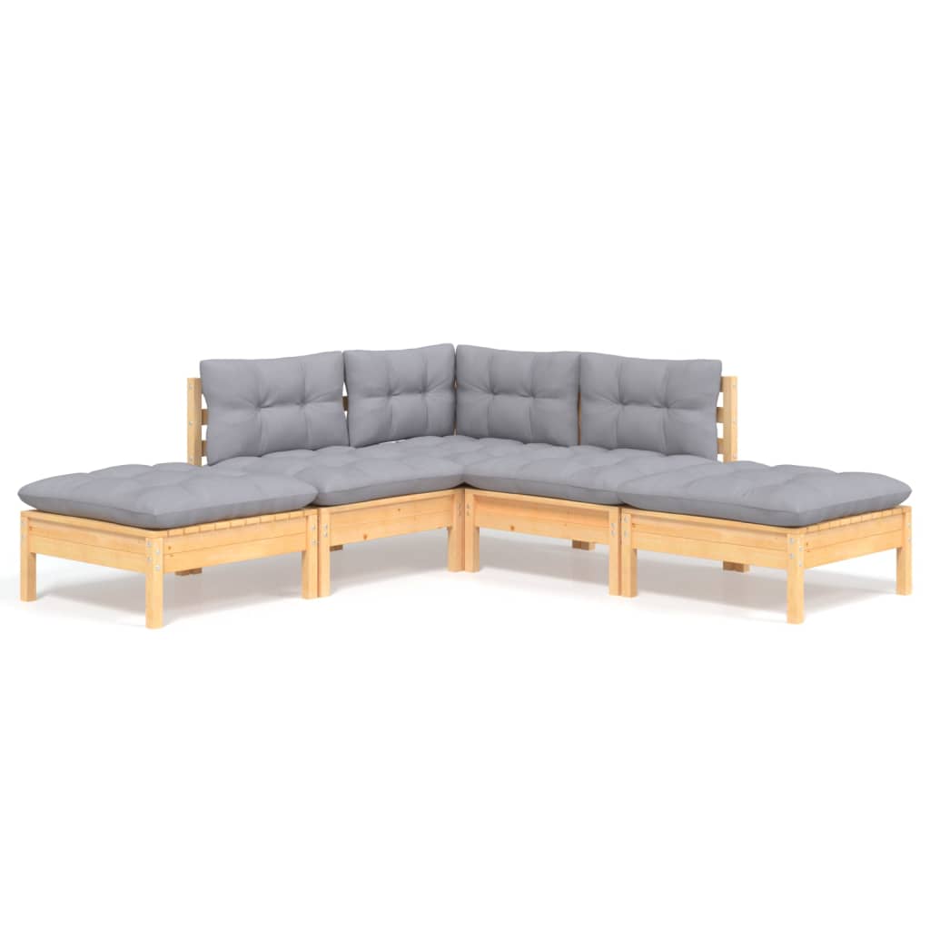 5-tlg. Garten-Lounge-Set mit Grauen Kissen Kiefernholz