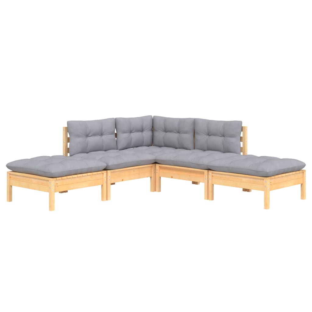 5-tlg. Garten-Lounge-Set mit Grauen Kissen Kiefernholz