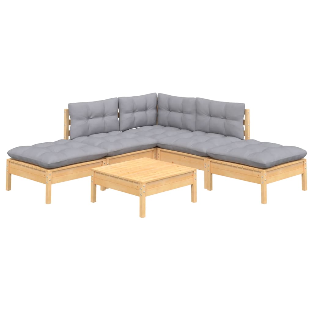 6-tlg. Garten-Lounge-Set mit Grauen Kissen Kiefernholz