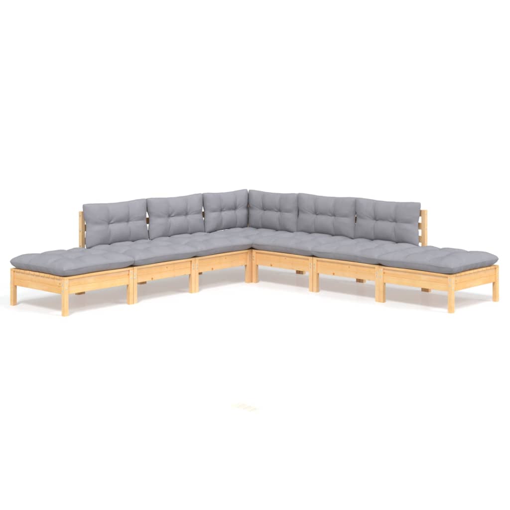7-tlg. Garten-Lounge-Set mit Grauen Kissen Kiefernholz