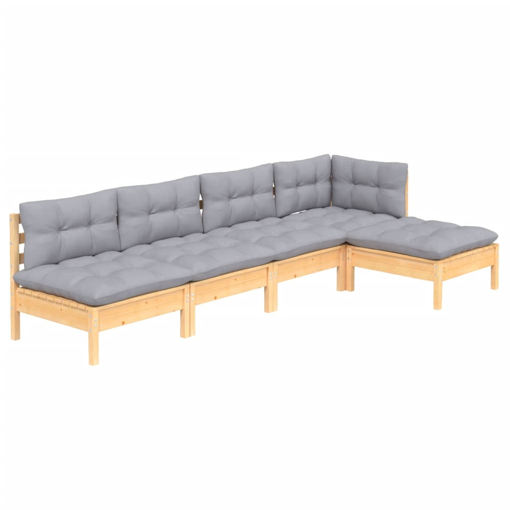 5-tlg. Garten-Lounge-Set mit Grauen Kissen Kiefernholz