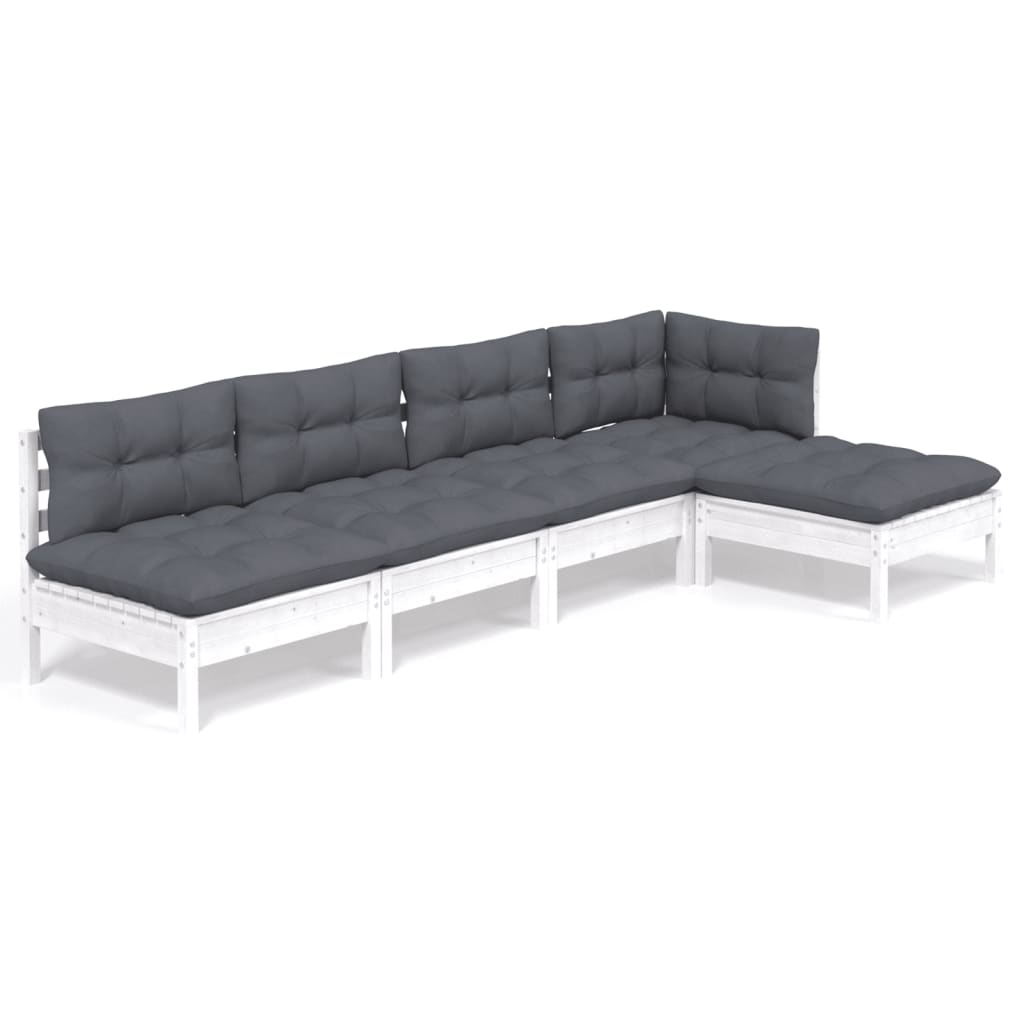 5-tlg. Garten-Lounge-Set mit Kissen Weiß Kiefernholz