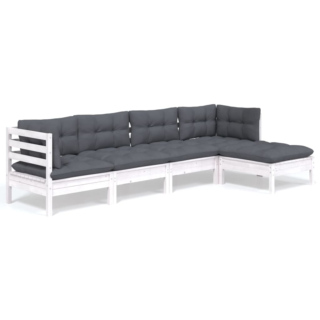 5-tlg. Garten-Lounge-Set mit Kissen Weiß Kiefernholz