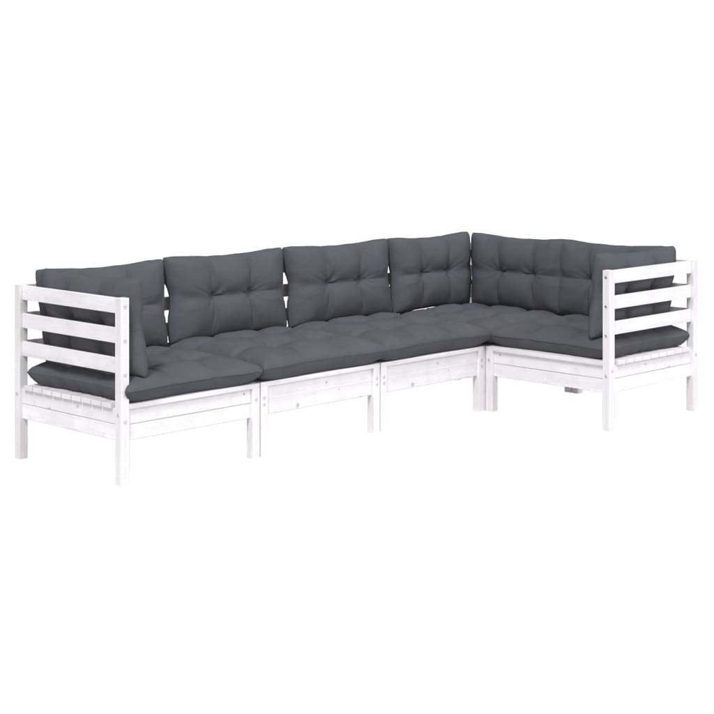 5-tlg. Garten-Lounge-Set mit Kissen Weiß Kiefernholz