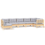 7-tlg. Garten-Lounge-Set mit Grauen Kissen Kiefernholz